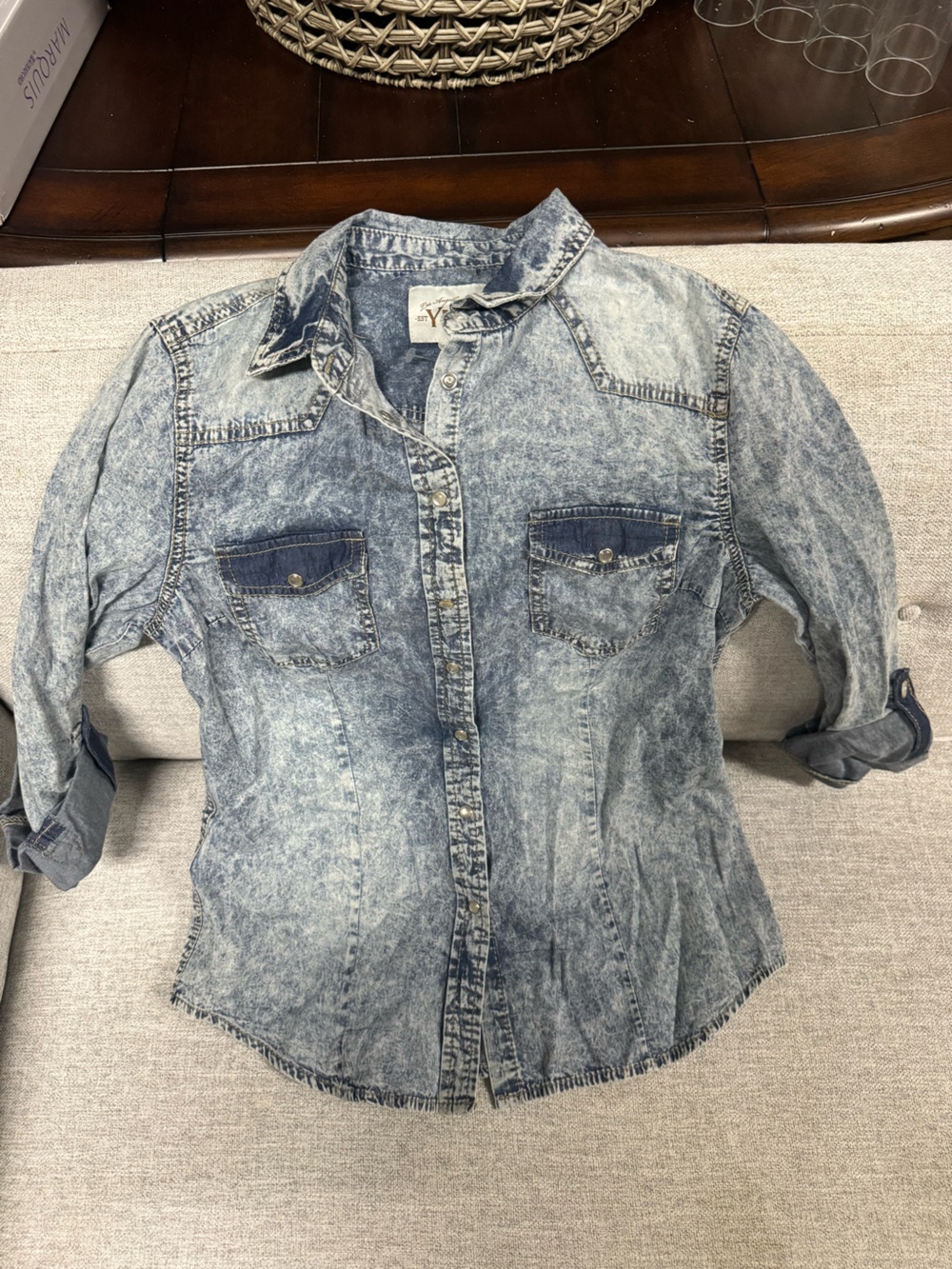 YMI Women's Acid Wash Denim Button Down Shirt - Blue